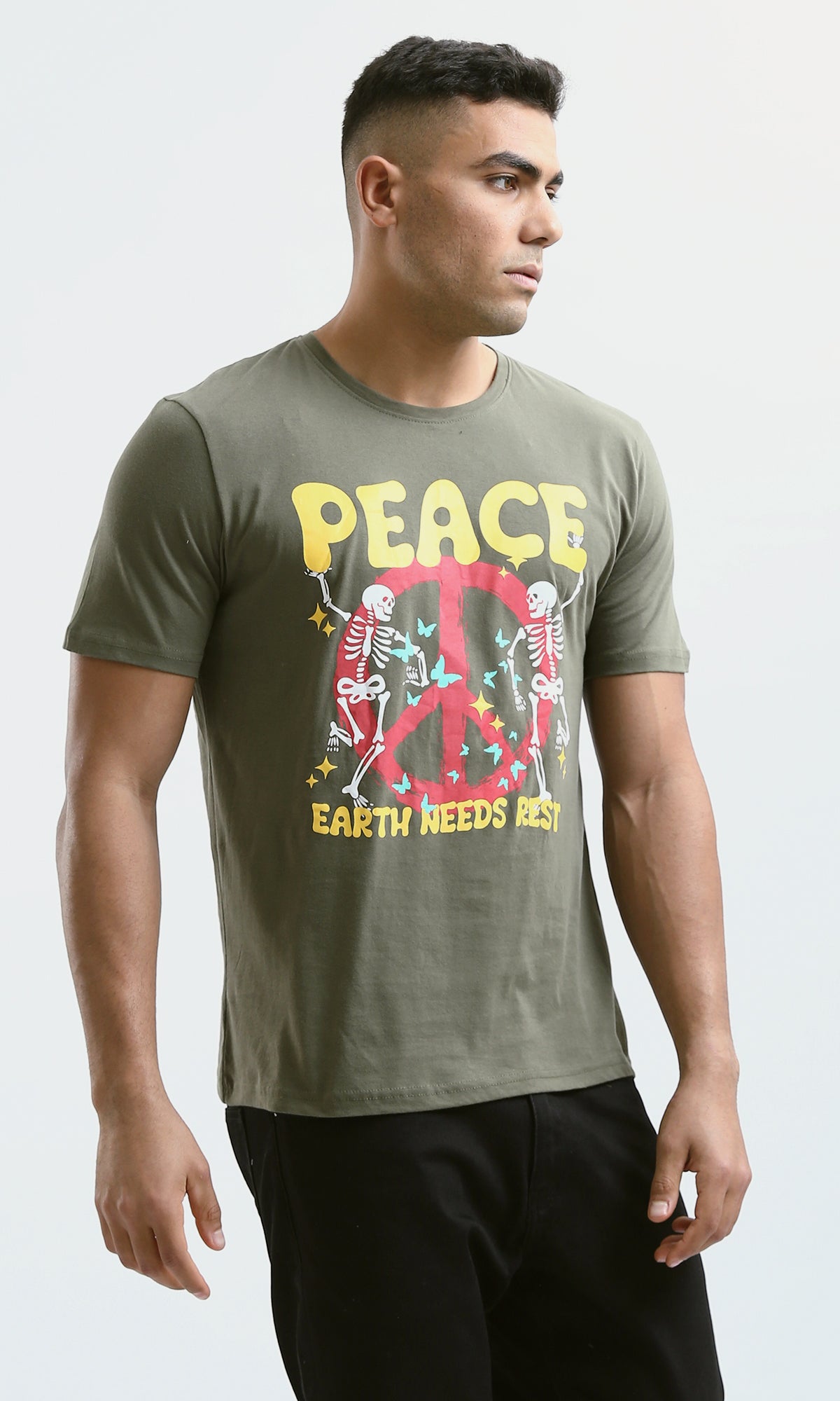 O182899 Olive Slip On Tee With Front Print "Peace" 