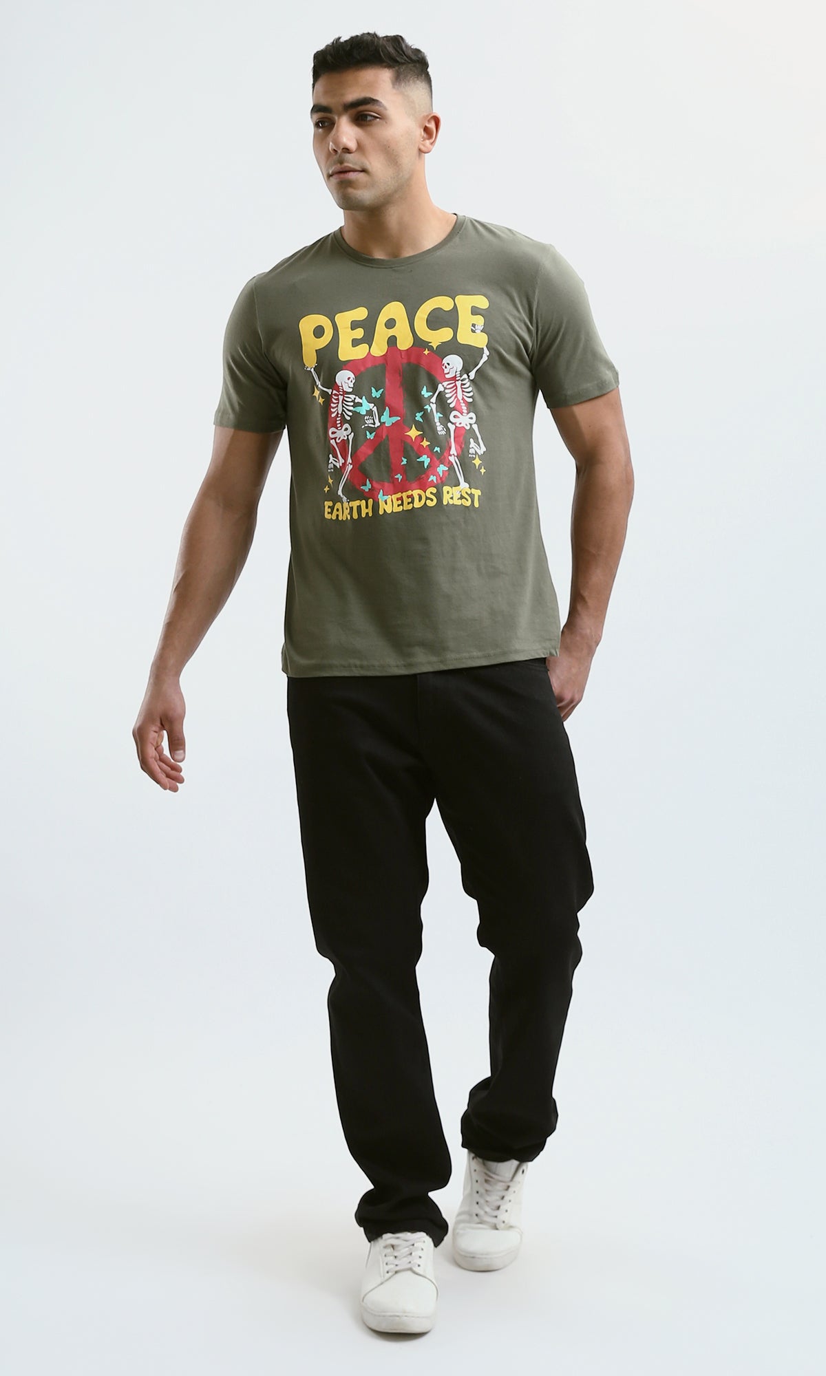 O182899 Olive Slip On Tee With Front Print "Peace" 