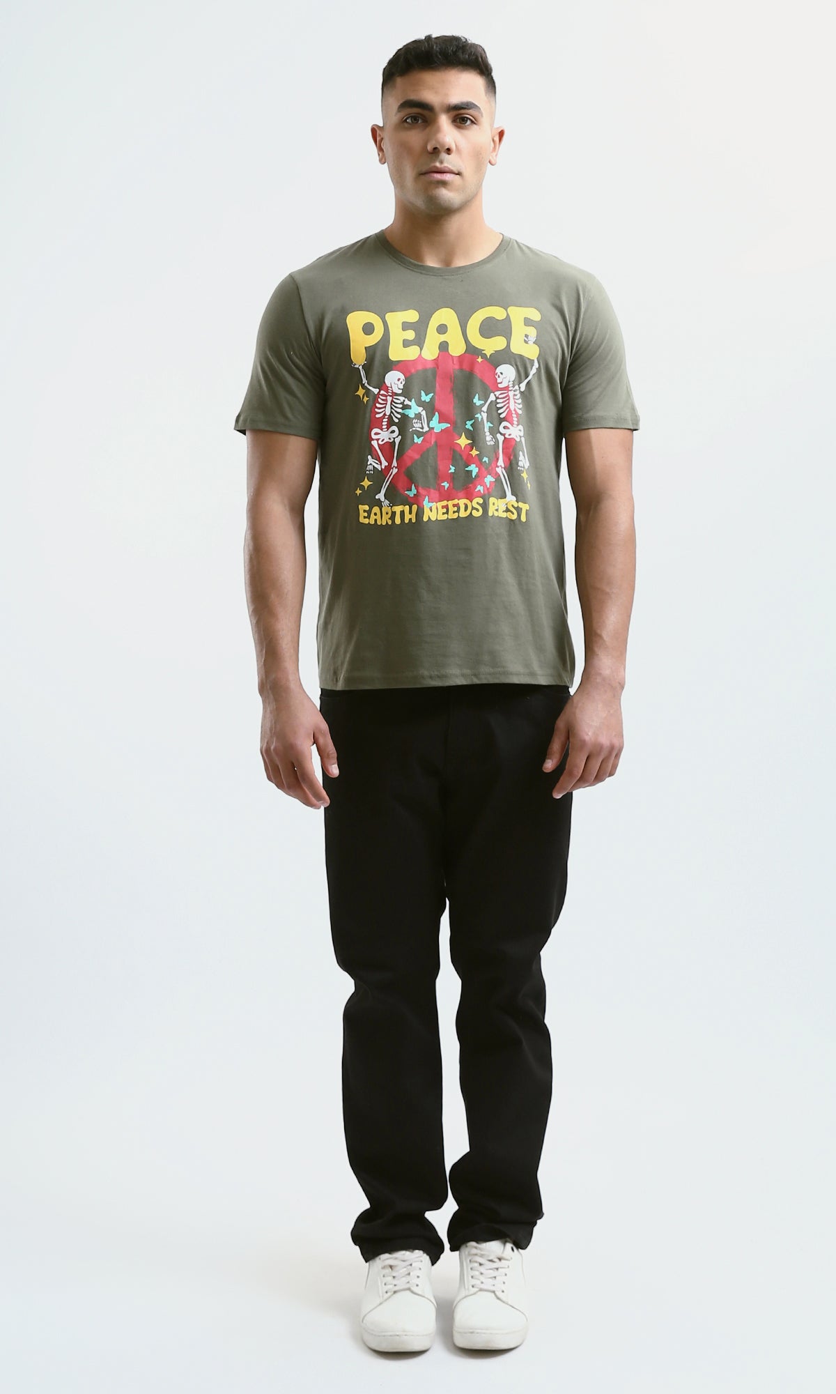 O182899 Olive Slip On Tee With Front Print "Peace" 