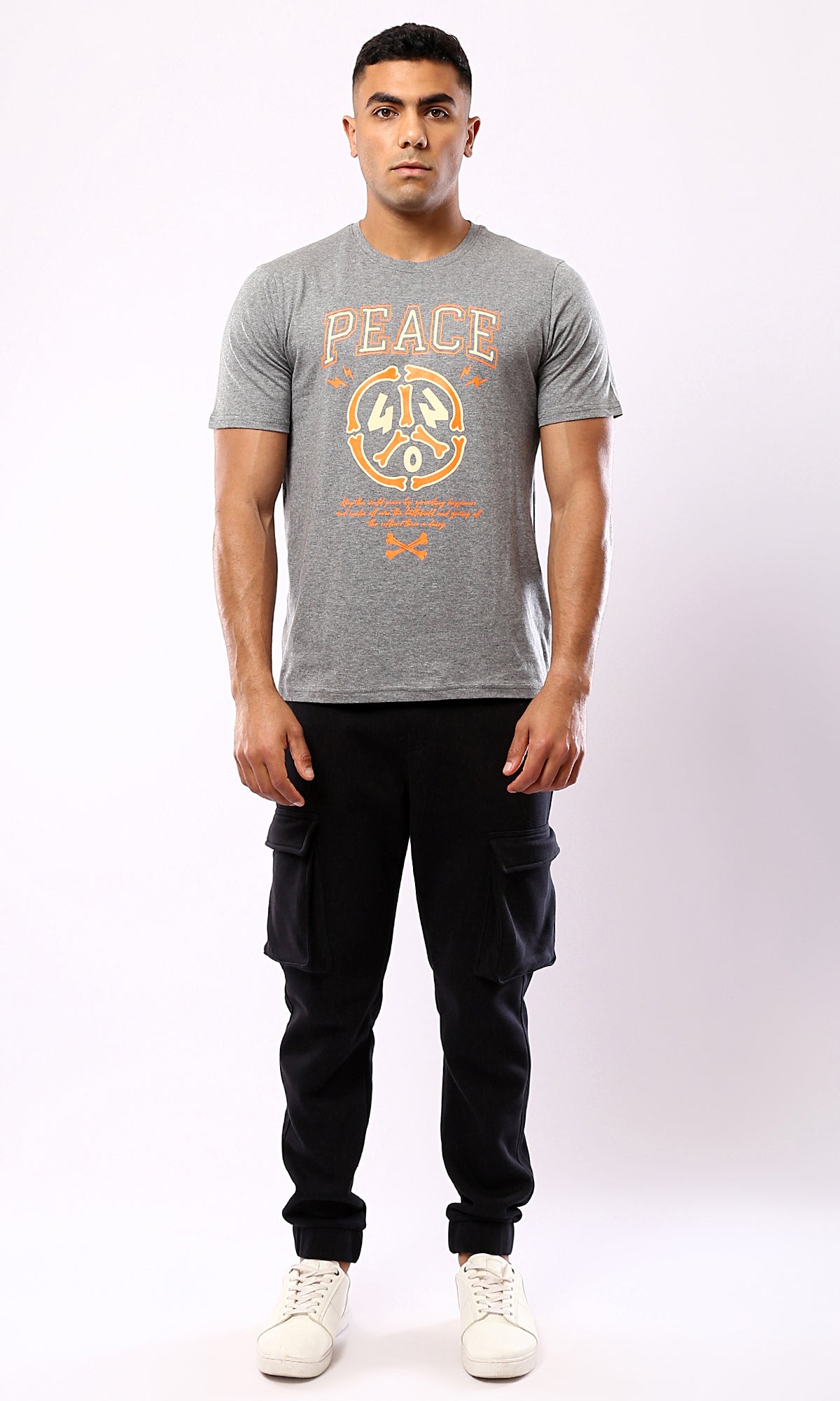 O182901 "Peace" Printed Short Sleeves Tee - Heather Medium Grey 