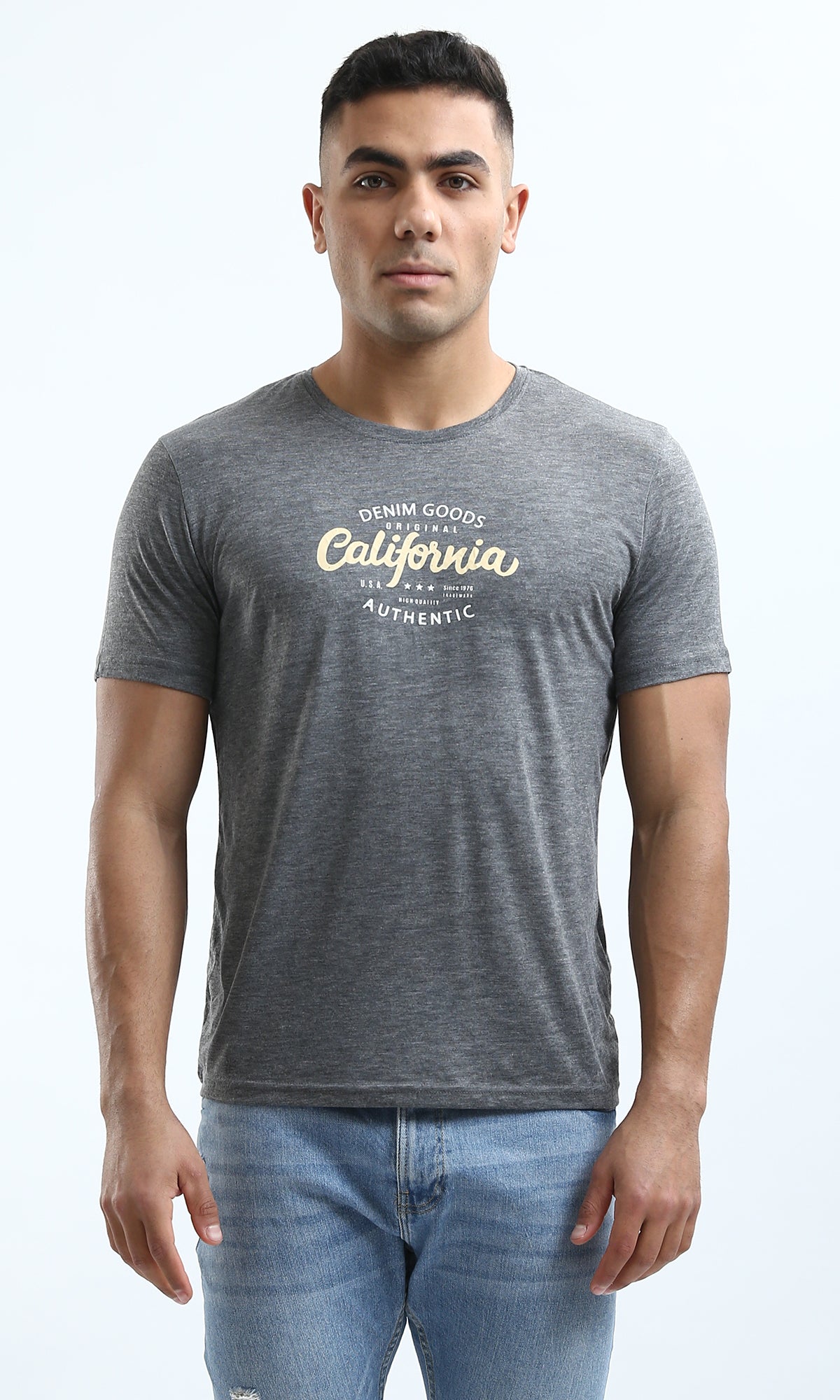 O182902 Heather Dark Grey Printed "California" Short Sleeves Tee