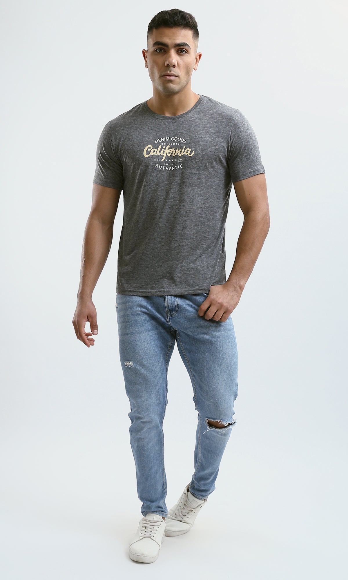 O182902 Heather Dark Grey Printed "California" Short Sleeves Tee