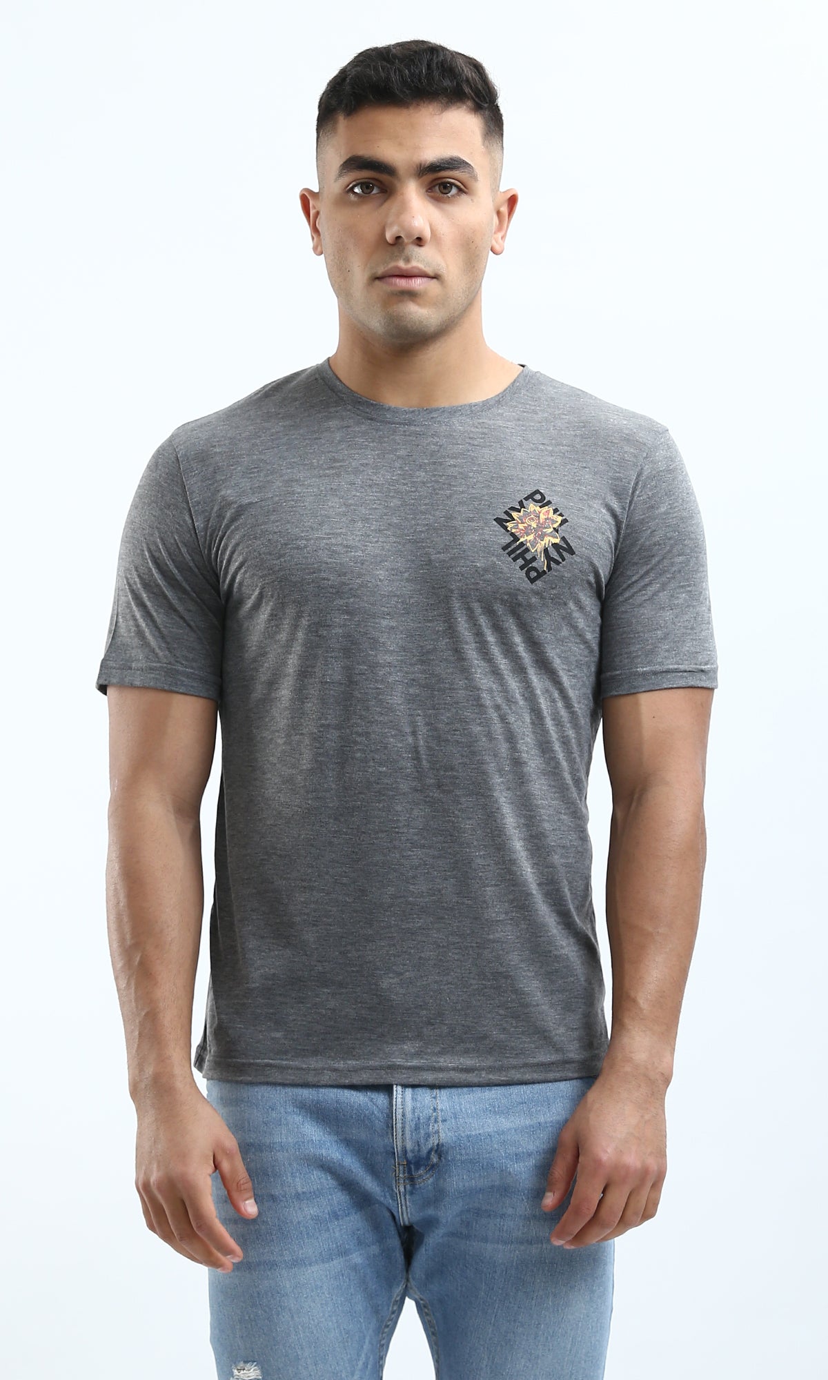 O182904 Heather Dark Grey Front & Back Print Short Sleeves Tee