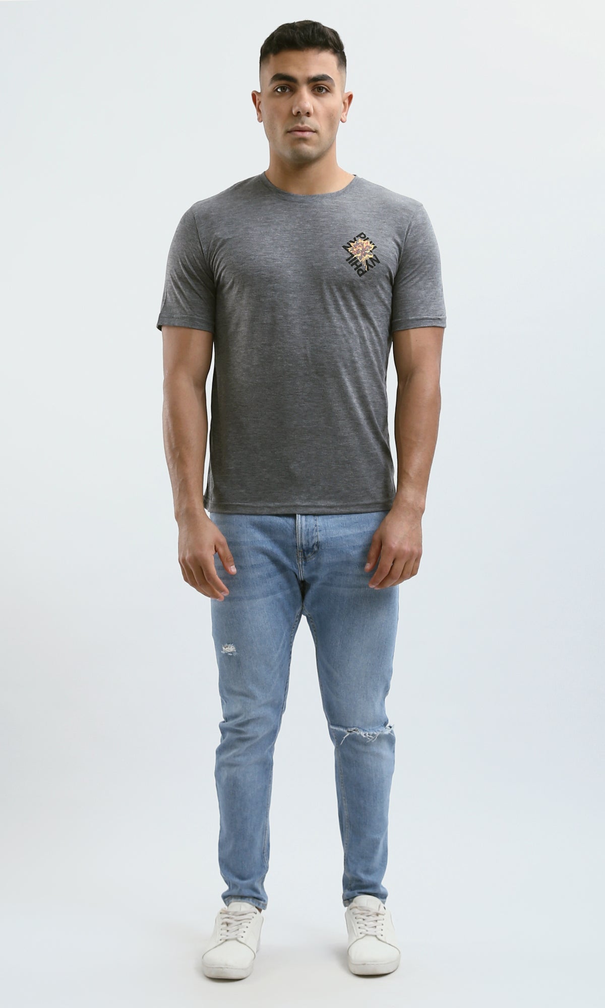 O182904 Heather Dark Grey Front & Back Print Short Sleeves Tee