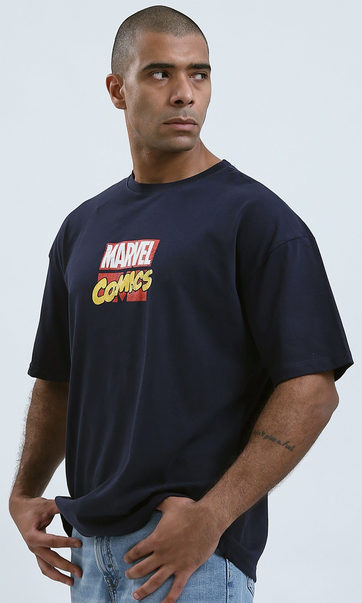 O182906 Printed '' Marvel'' Elbow Sleeves Navy Summer Tee