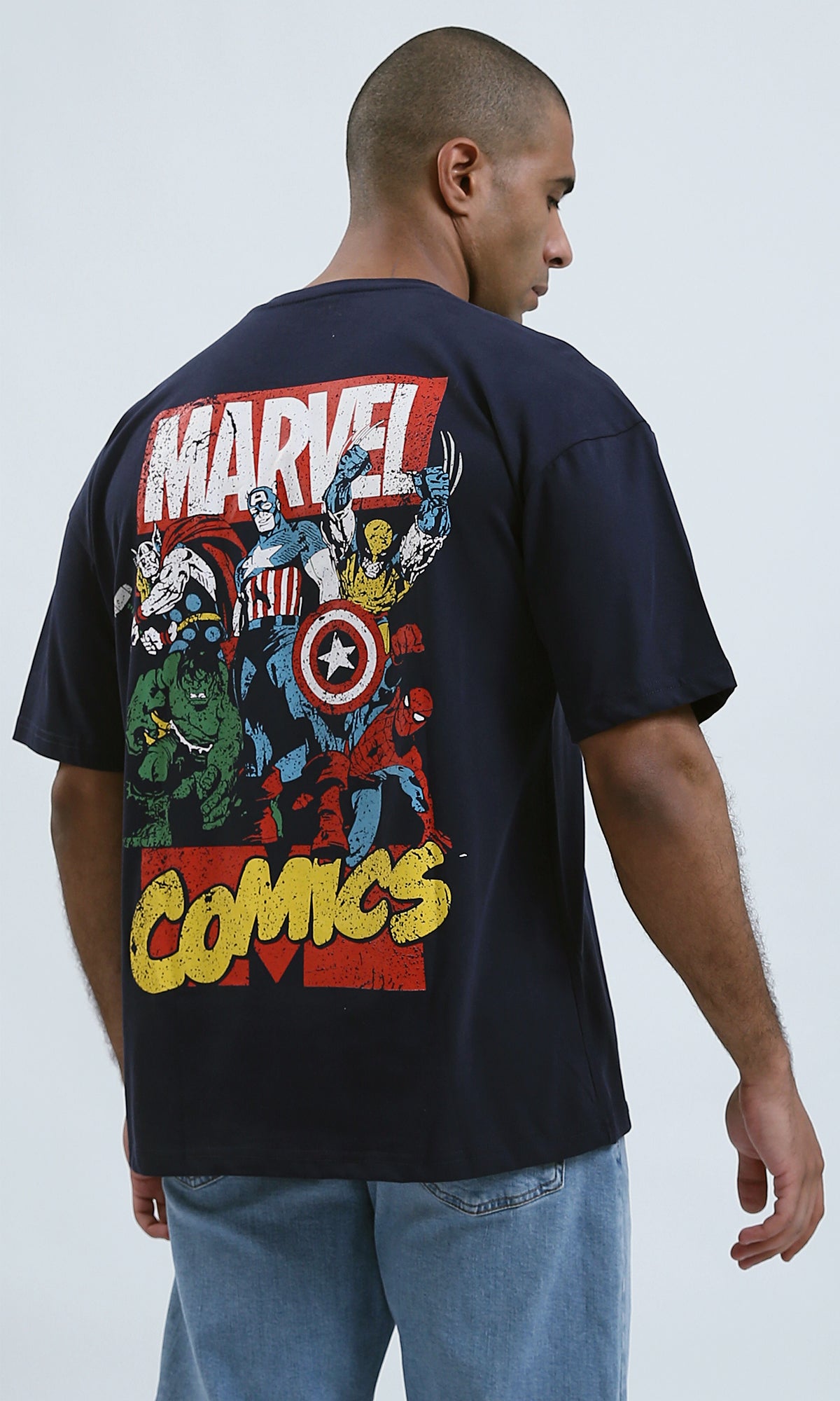 O182906 Printed '' Marvel'' Elbow Sleeves Navy Summer Tee