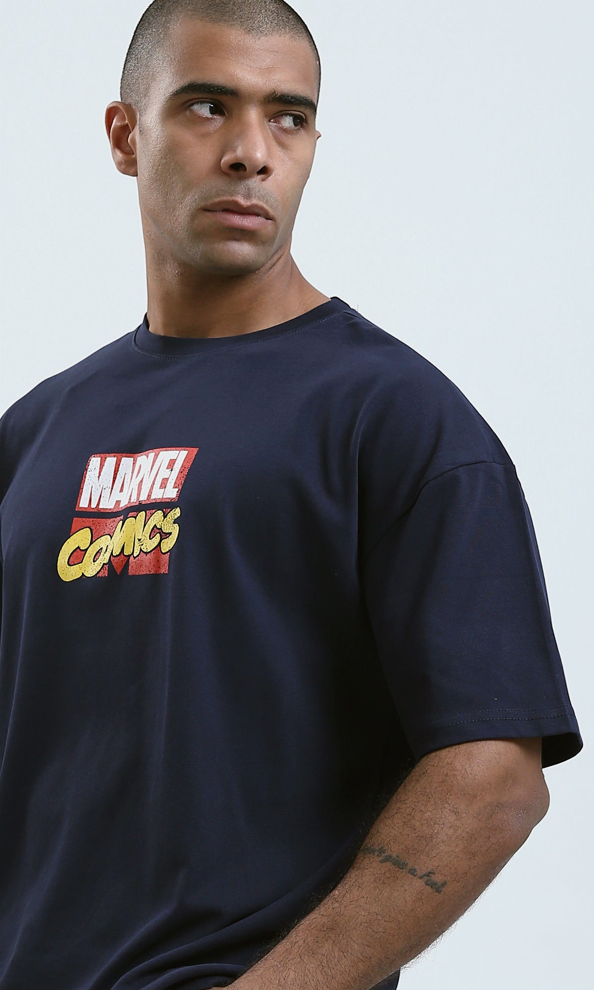O182906 Printed '' Marvel'' Elbow Sleeves Navy Summer Tee