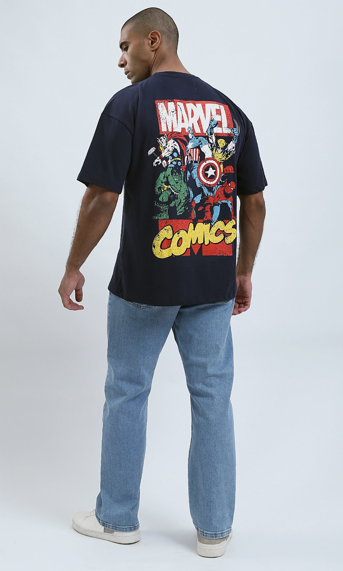 O182906 Printed '' Marvel'' Elbow Sleeves Navy Summer Tee