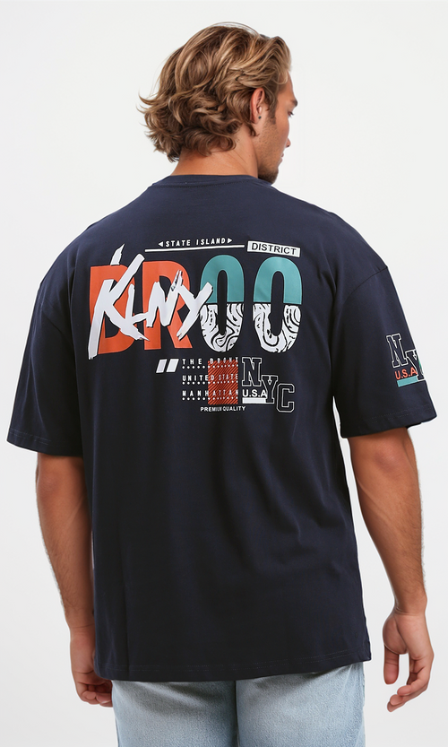 تي شيرت كاجوال كحلي بطباعة أمامية وخلفية