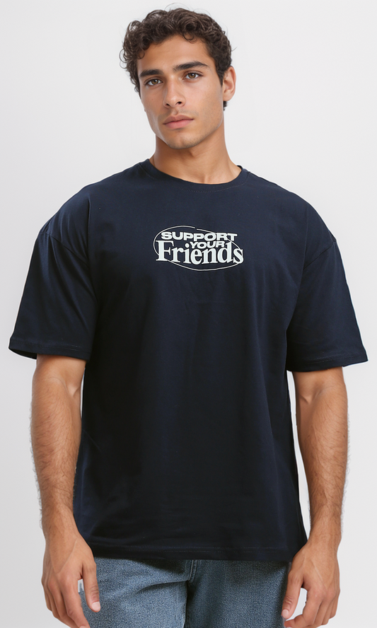 O182908 "Support Your Friends" Dark Navy Blue Cotton Tee