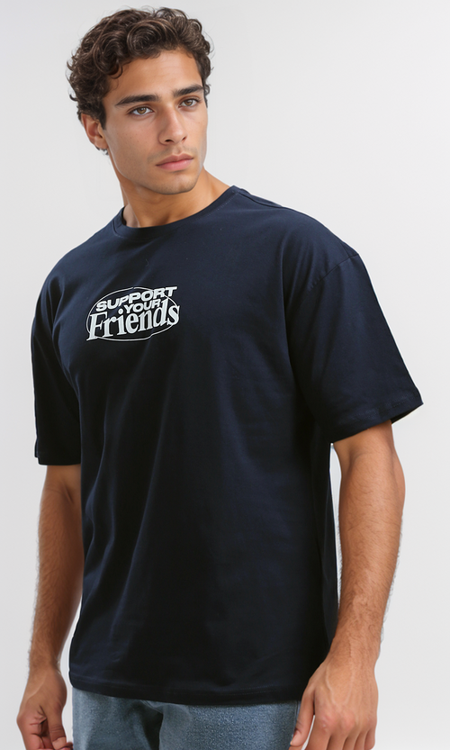 تي شيرت قطن كحلي غامق "Support Your Friends"
