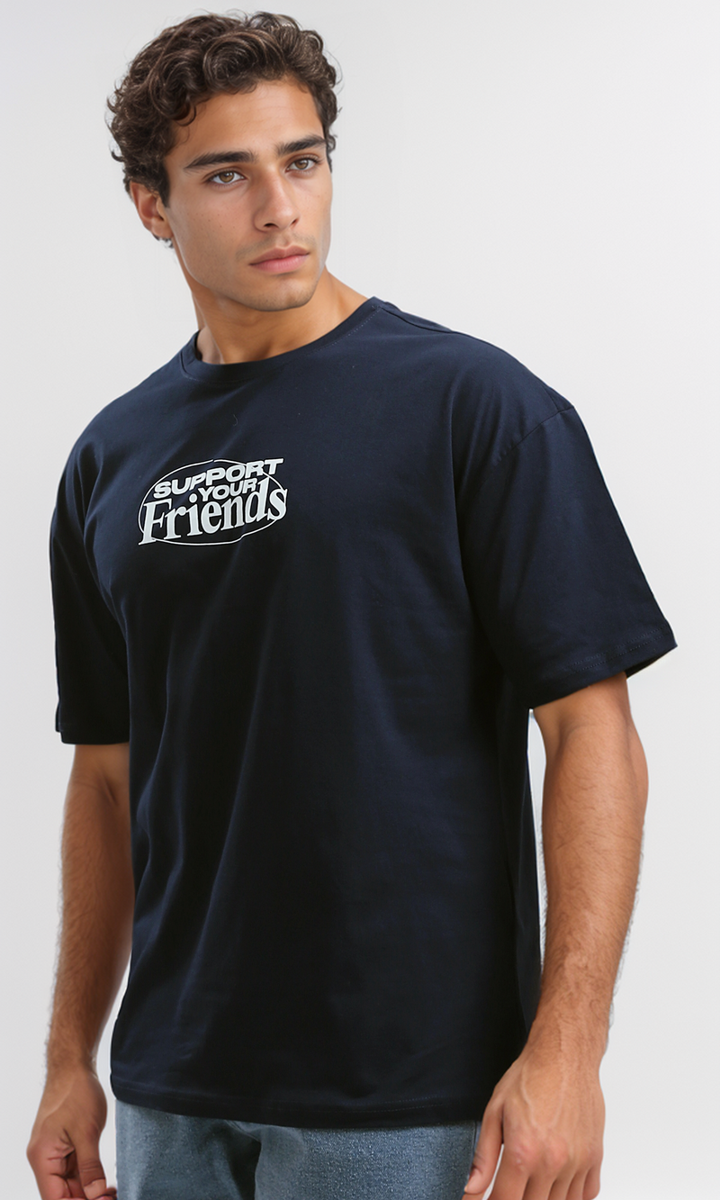 تي شيرت قطن كحلي غامق "Support Your Friends"