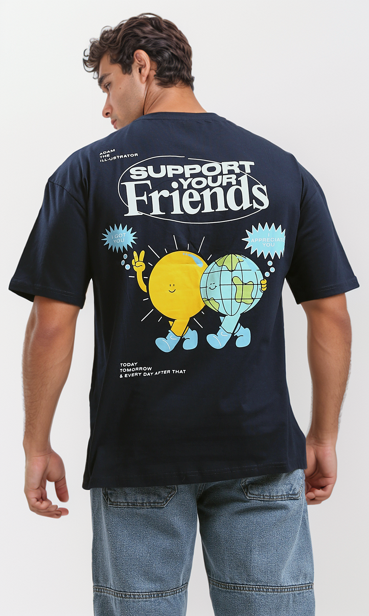 تي شيرت قطن كحلي غامق "Support Your Friends"