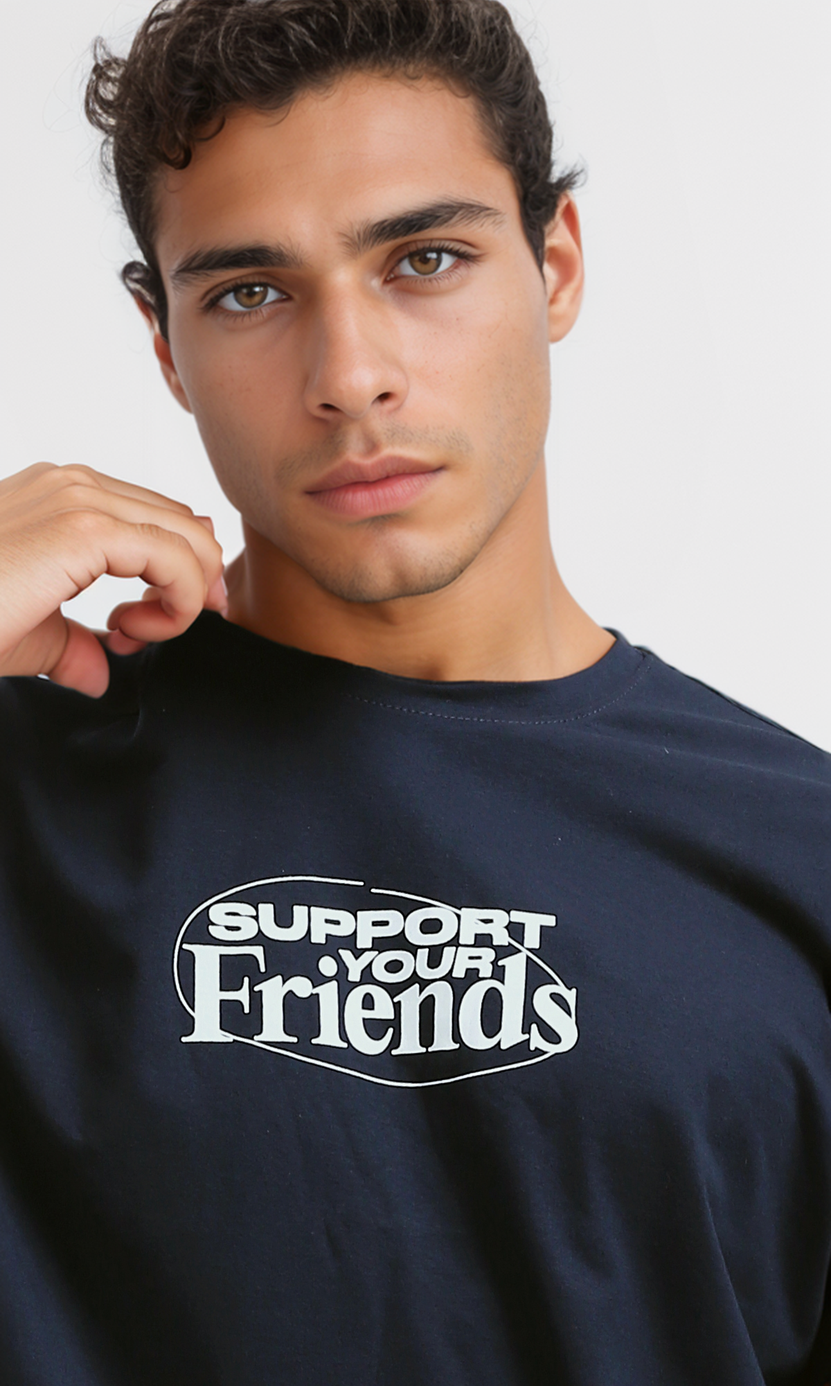 تي شيرت قطن كحلي غامق "Support Your Friends"