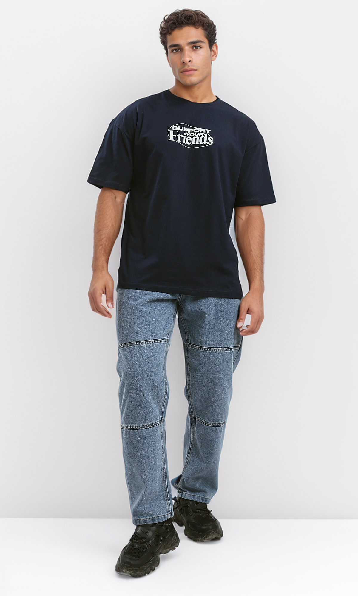 O182908 "Support Your Friends" Dark Navy Blue Cotton Tee