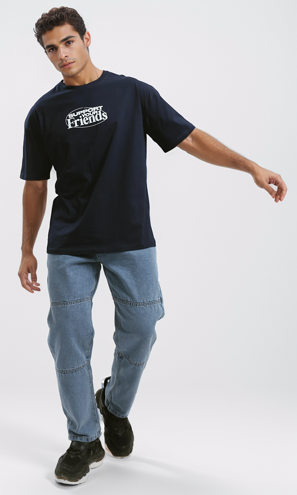 O182908 "Support Your Friends" Dark Navy Blue Cotton Tee