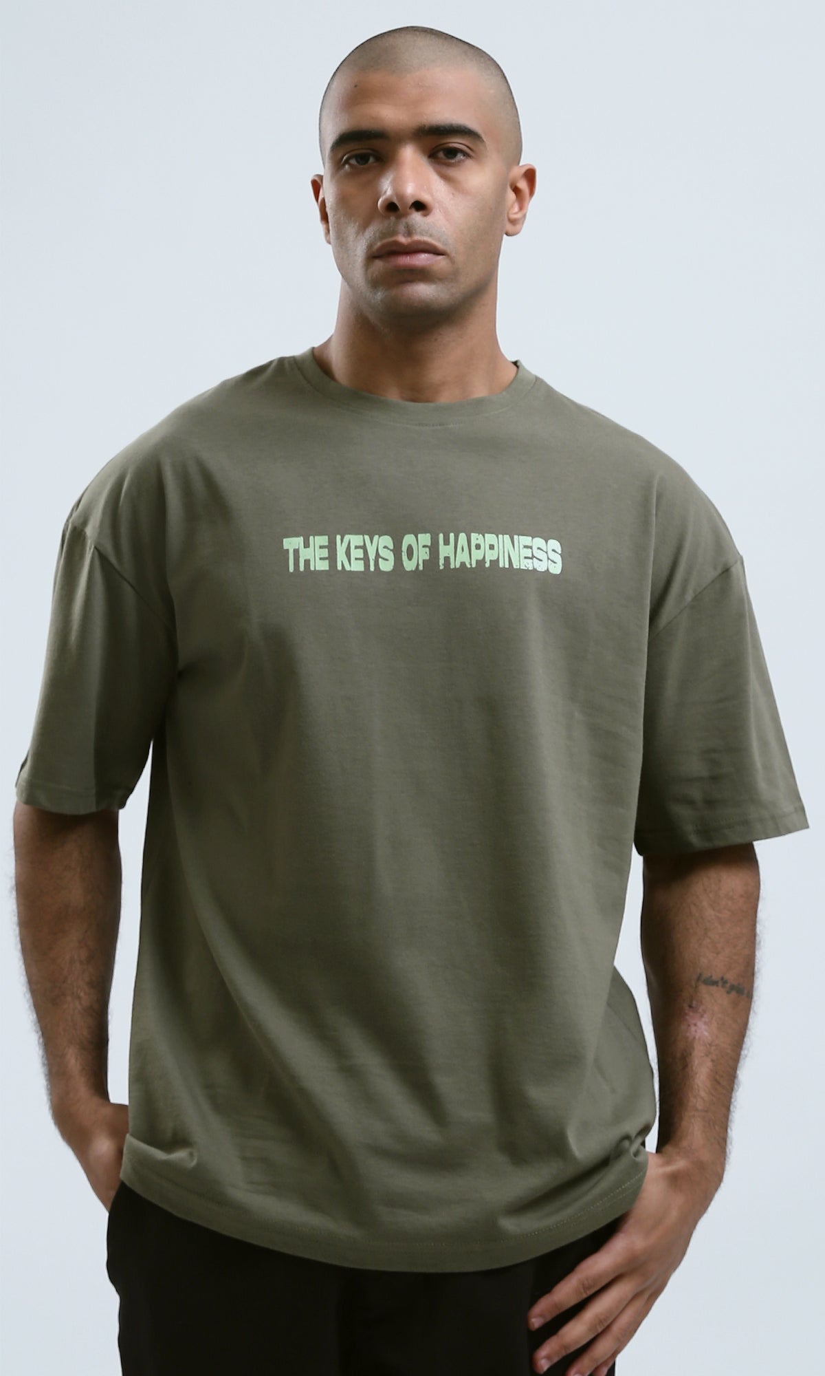 o182910 - Front & Back Print Elbow Sleeves Cotton Tee - Khaki