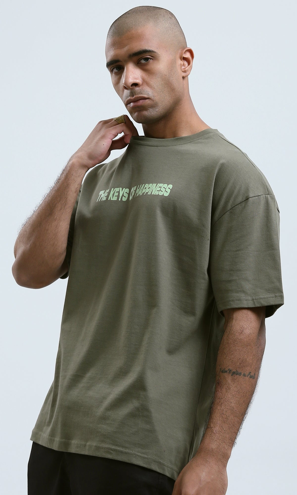 o182910 - Front & Back Print Elbow Sleeves Cotton Tee - Khaki