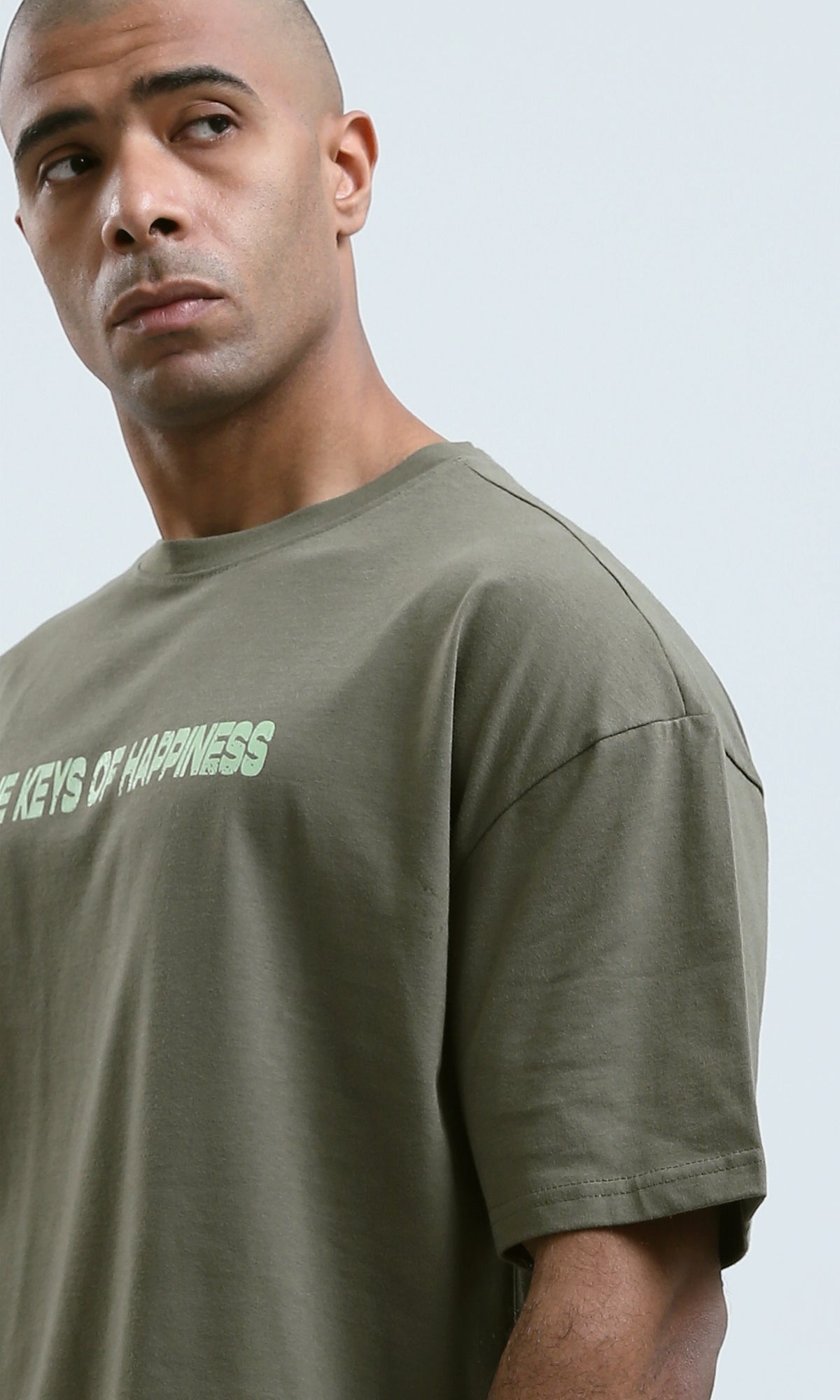 o182910 - Front & Back Print Elbow Sleeves Cotton Tee - Khaki