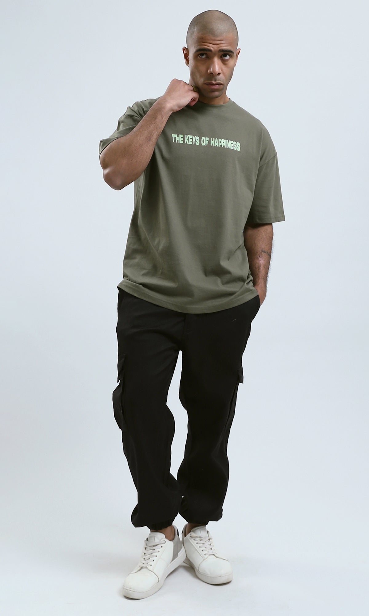 o182910 - Front & Back Print Elbow Sleeves Cotton Tee - Khaki
