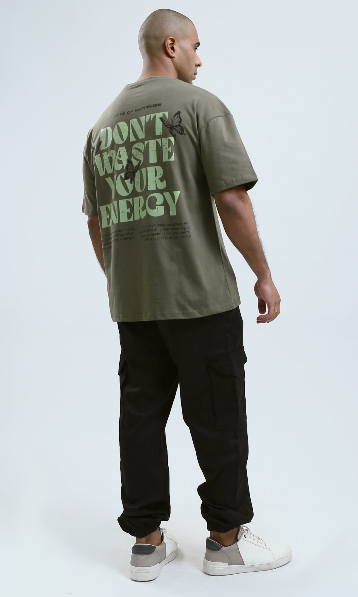 o182910 - Front & Back Print Elbow Sleeves Cotton Tee - Khaki