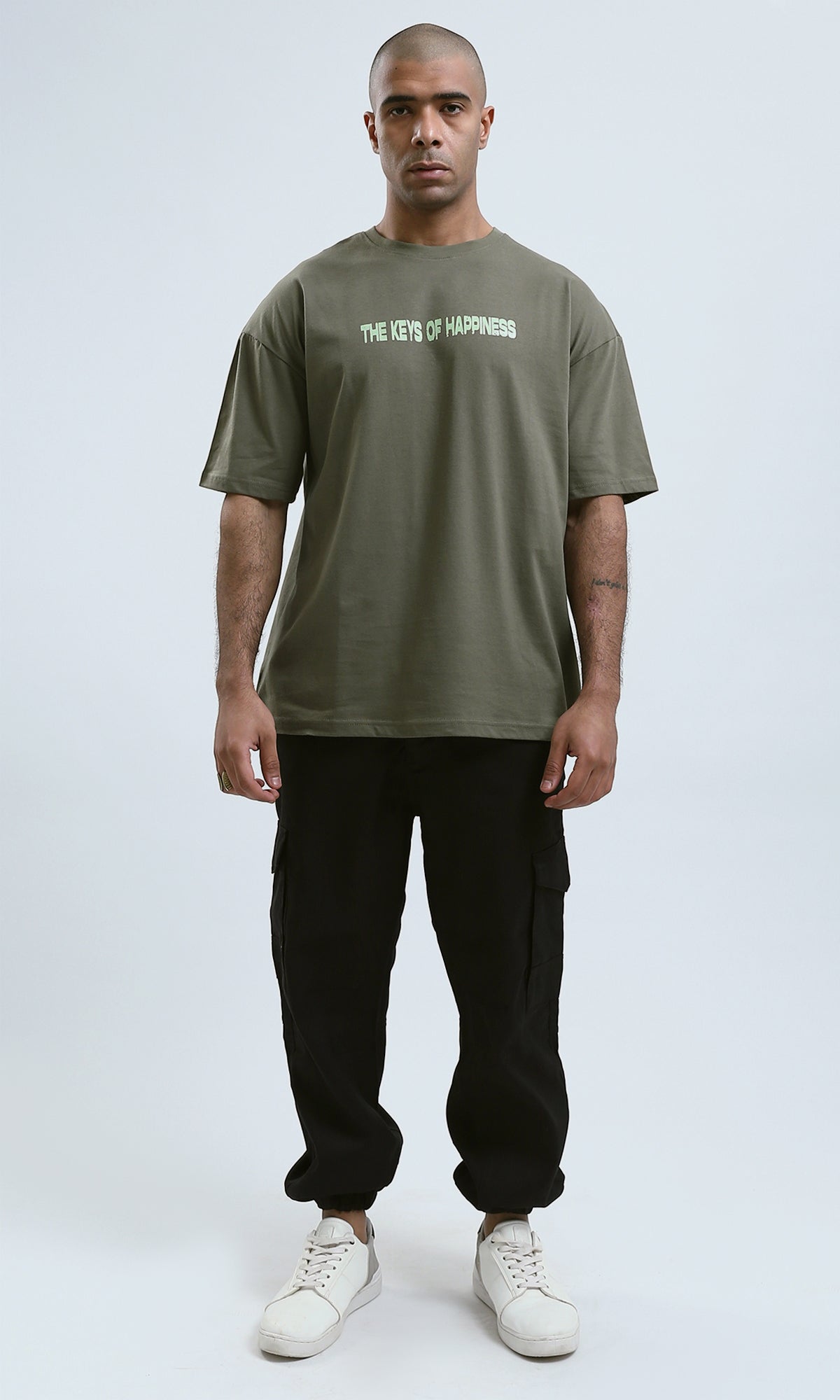 o182910 - Front & Back Print Elbow Sleeves Cotton Tee - Khaki