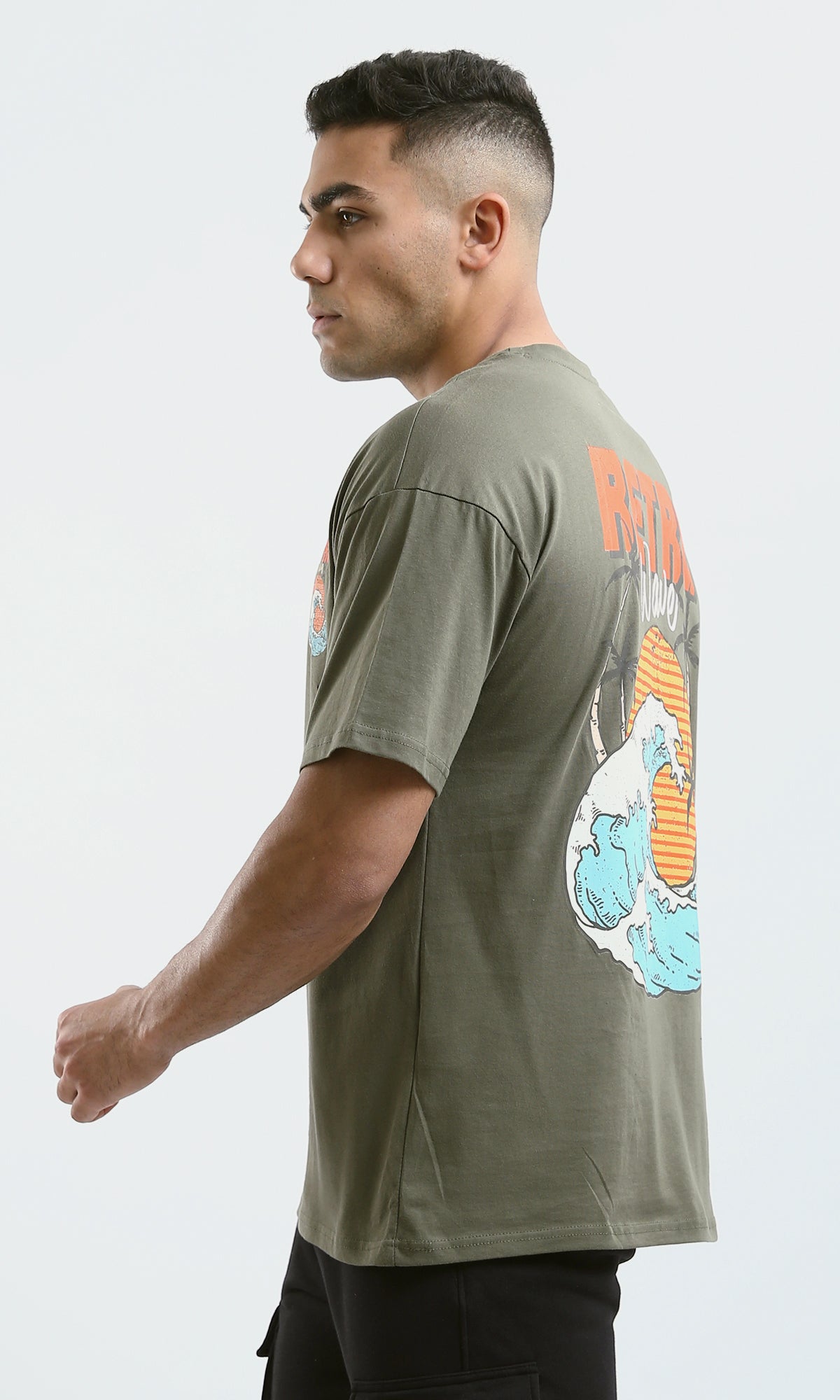 O182911 "Retro Wave" Short Sleeves Olive Casual Tee