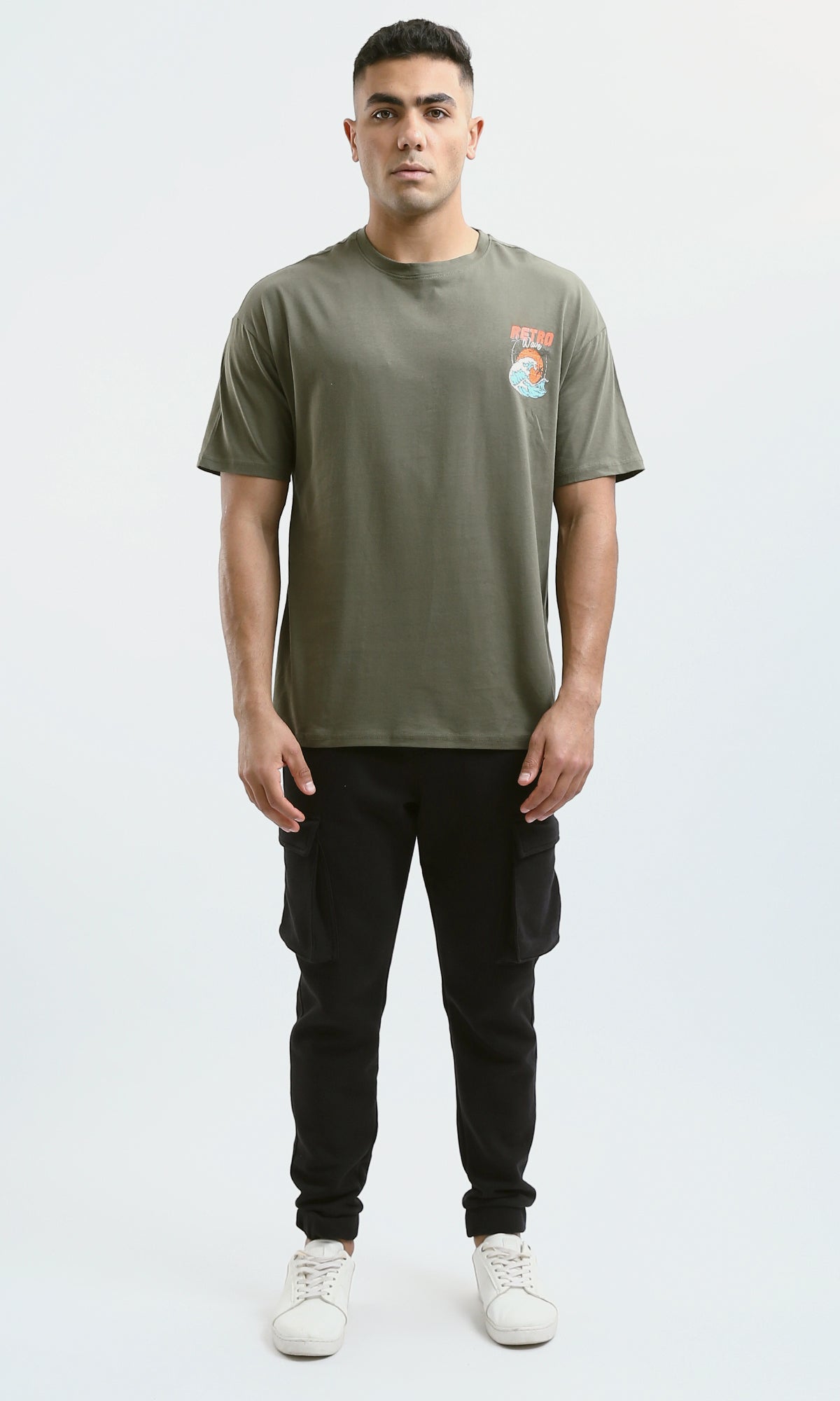 O182911 "Retro Wave" Short Sleeves Olive Casual Tee
