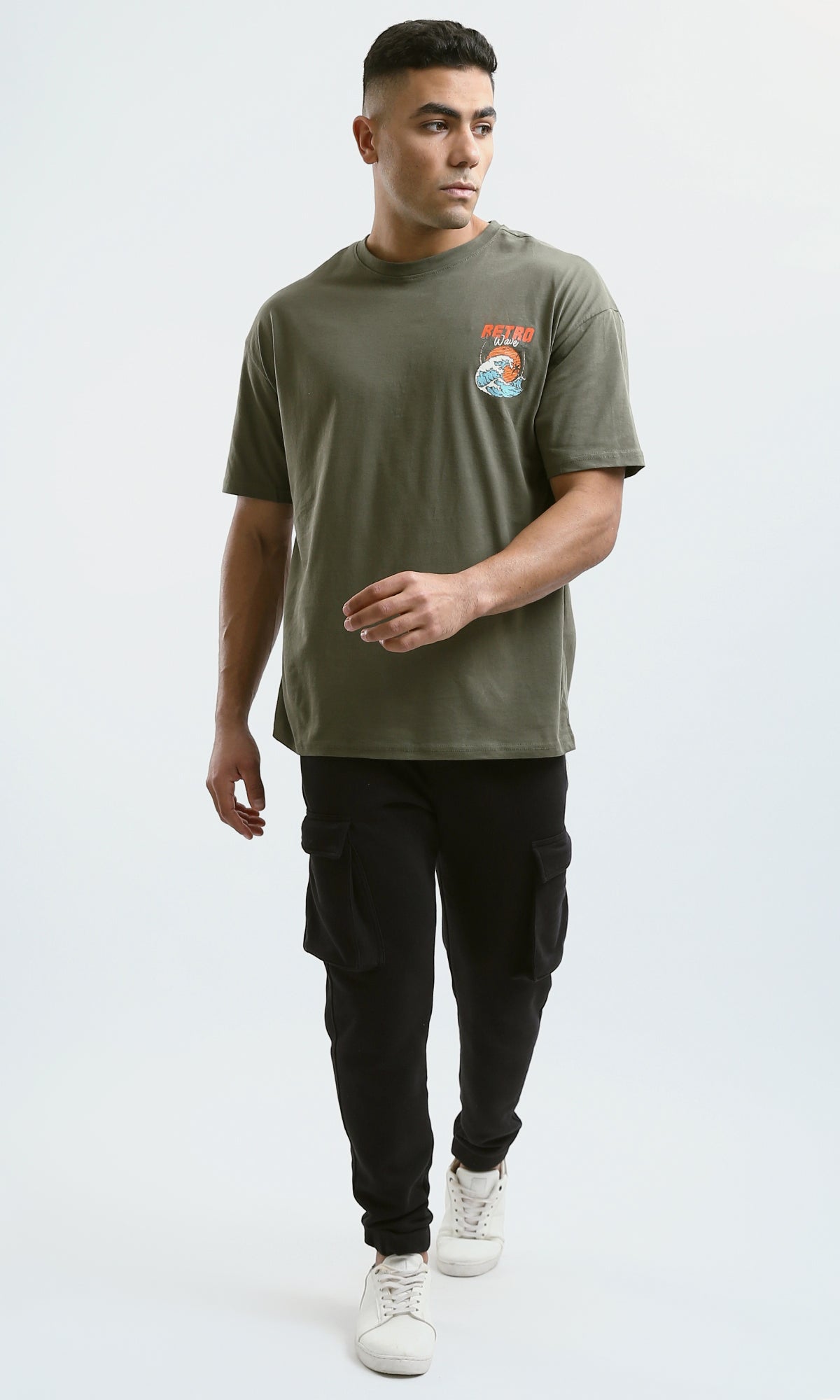O182911 "Retro Wave" Short Sleeves Olive Casual Tee