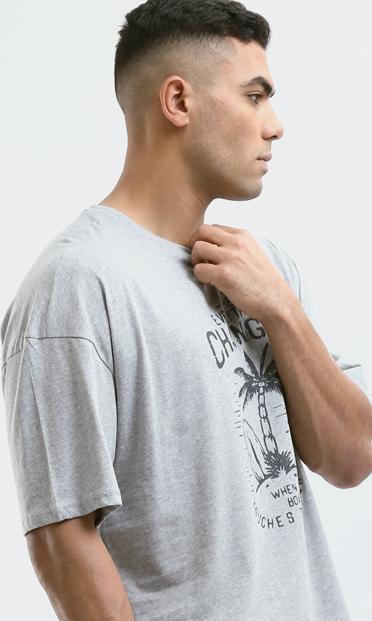 O182913 Slip On Round Neck Heather Grey Printed Tee