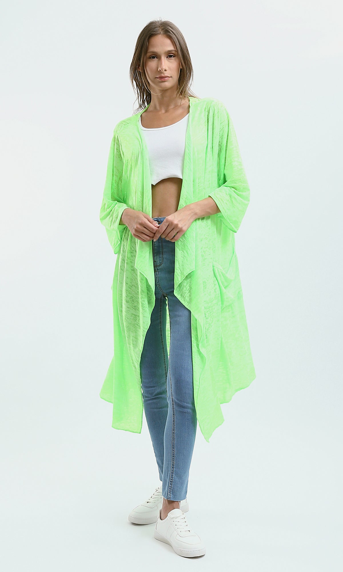 O182996 Long Sleeves Loose Fit Heather Neon Green Cardigan
