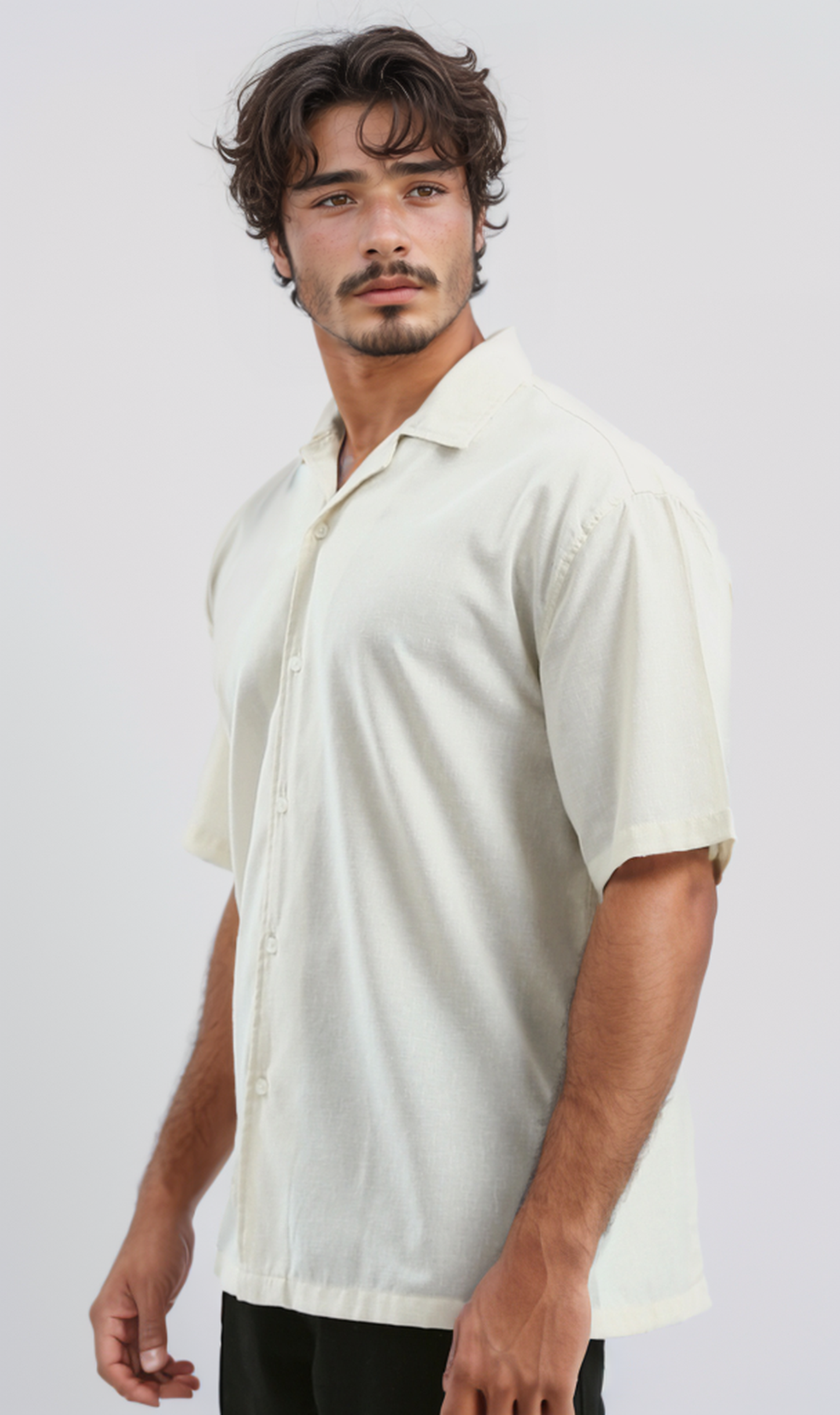 O183003 Solid Light Beige Short Shirt With Classic Collar