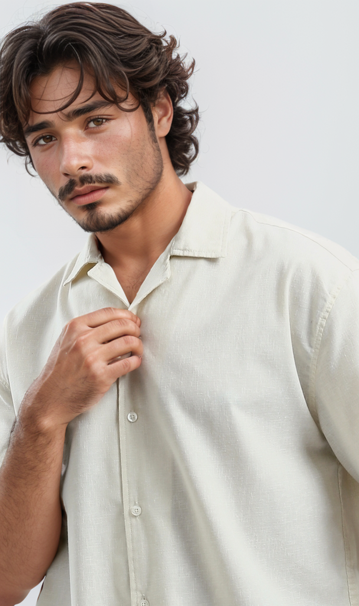 O183003 Solid Light Beige Short Shirt With Classic Collar