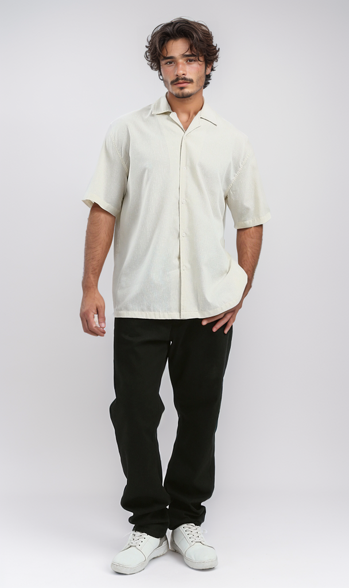 O183003 Solid Light Beige Short Shirt With Classic Collar