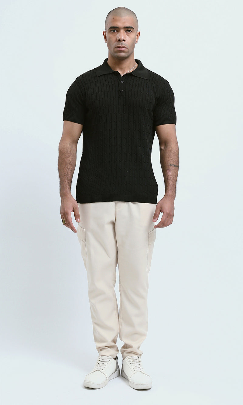o183060 - Relaxed Fit Black Solid Buttoned Polo Shirt