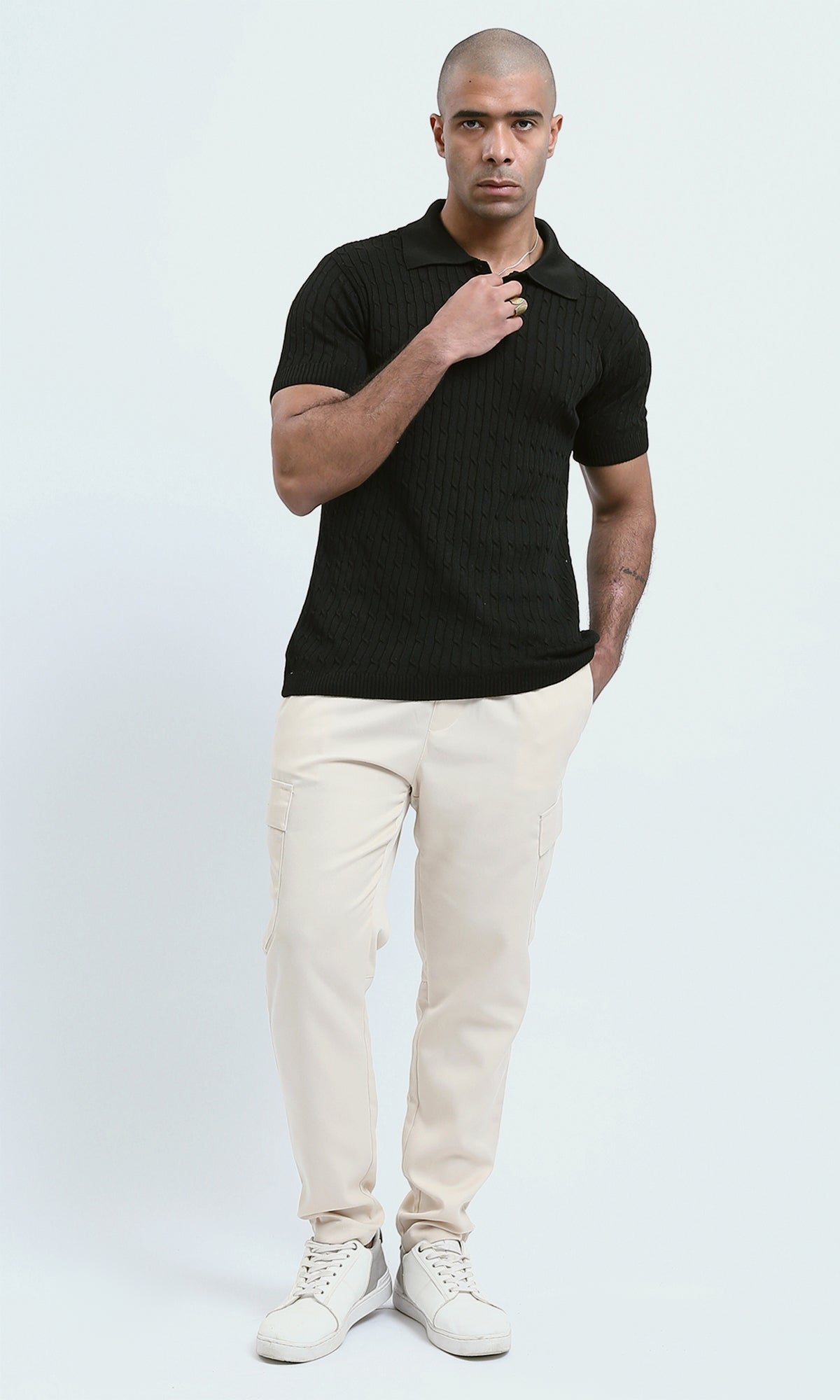 O183060 Relaxed Fit Black Solid Buttoned Polo Shirt