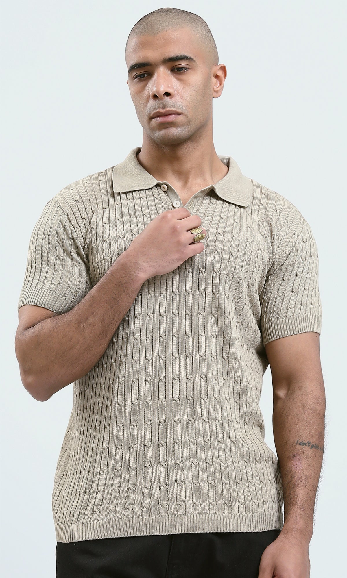 O183061 - Buttoned Neck Beige Knitted Polo Shirt