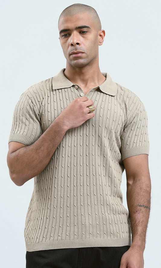 O183061 Buttoned Neck Beige Knitted Polo Shirt