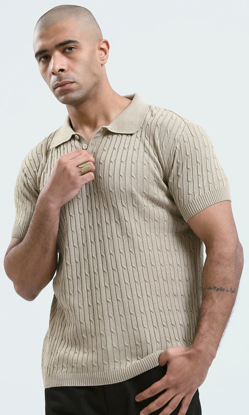 O183061 - Buttoned Neck Beige Knitted Polo Shirt
