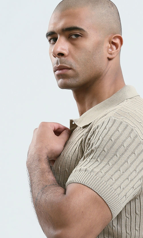 O183061 - Buttoned Neck Beige Knitted Polo Shirt