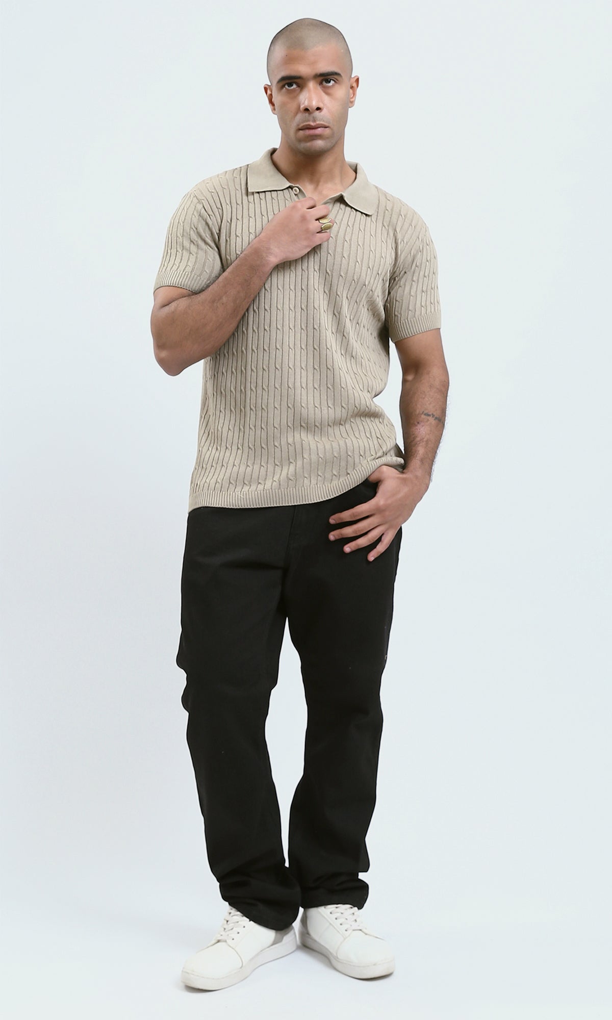 O183061 - Buttoned Neck Beige Knitted Polo Shirt