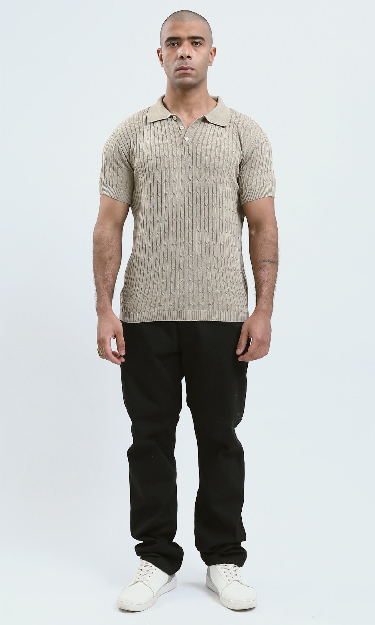 O183061 - Buttoned Neck Beige Knitted Polo Shirt