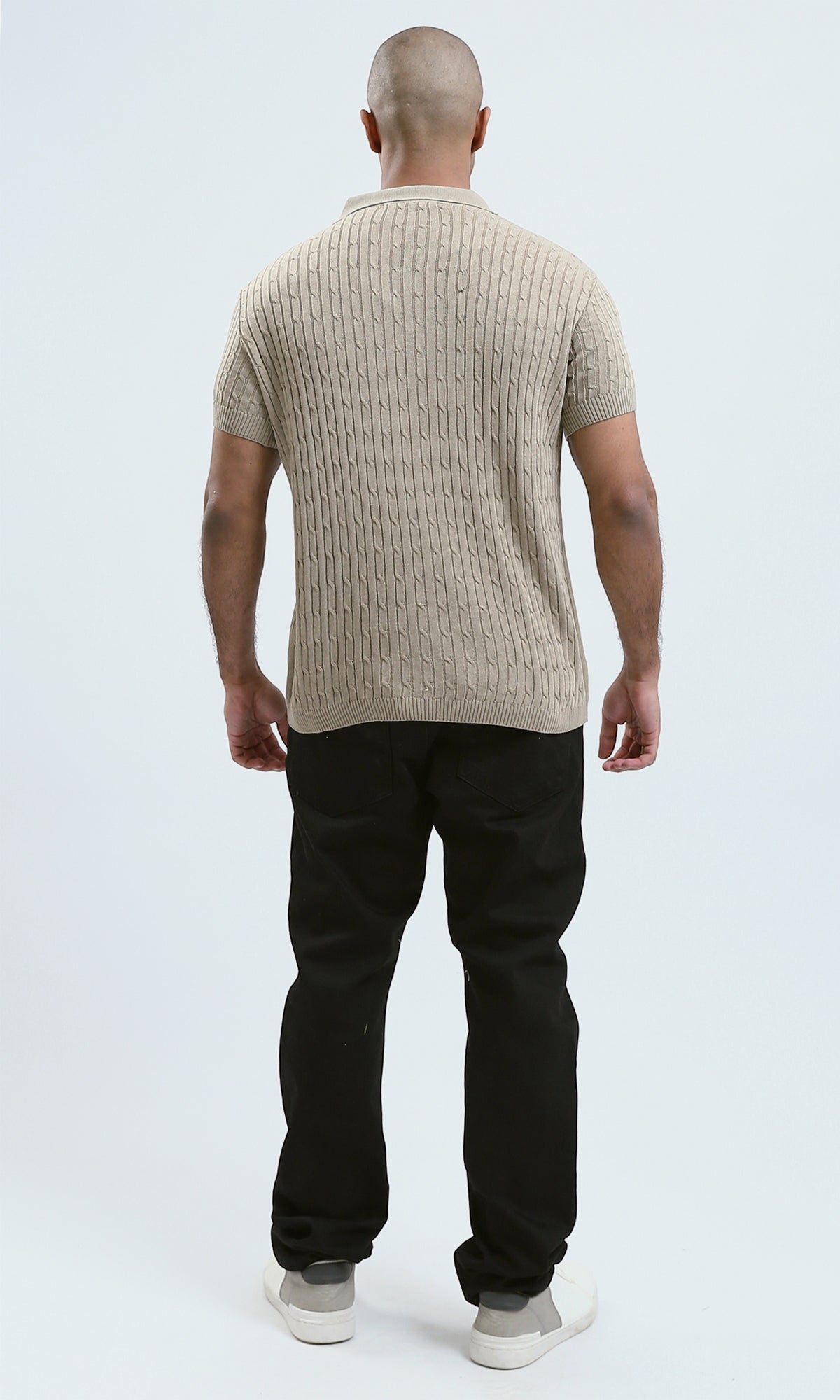 O183061 - Buttoned Neck Beige Knitted Polo Shirt