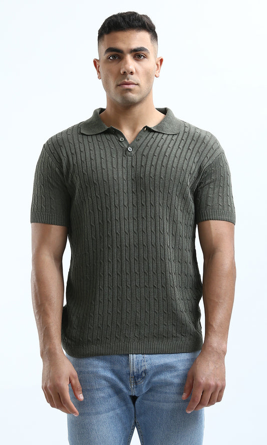 O183064 Self-Pattern Short Sleeves Dark Olive Polo Shirt