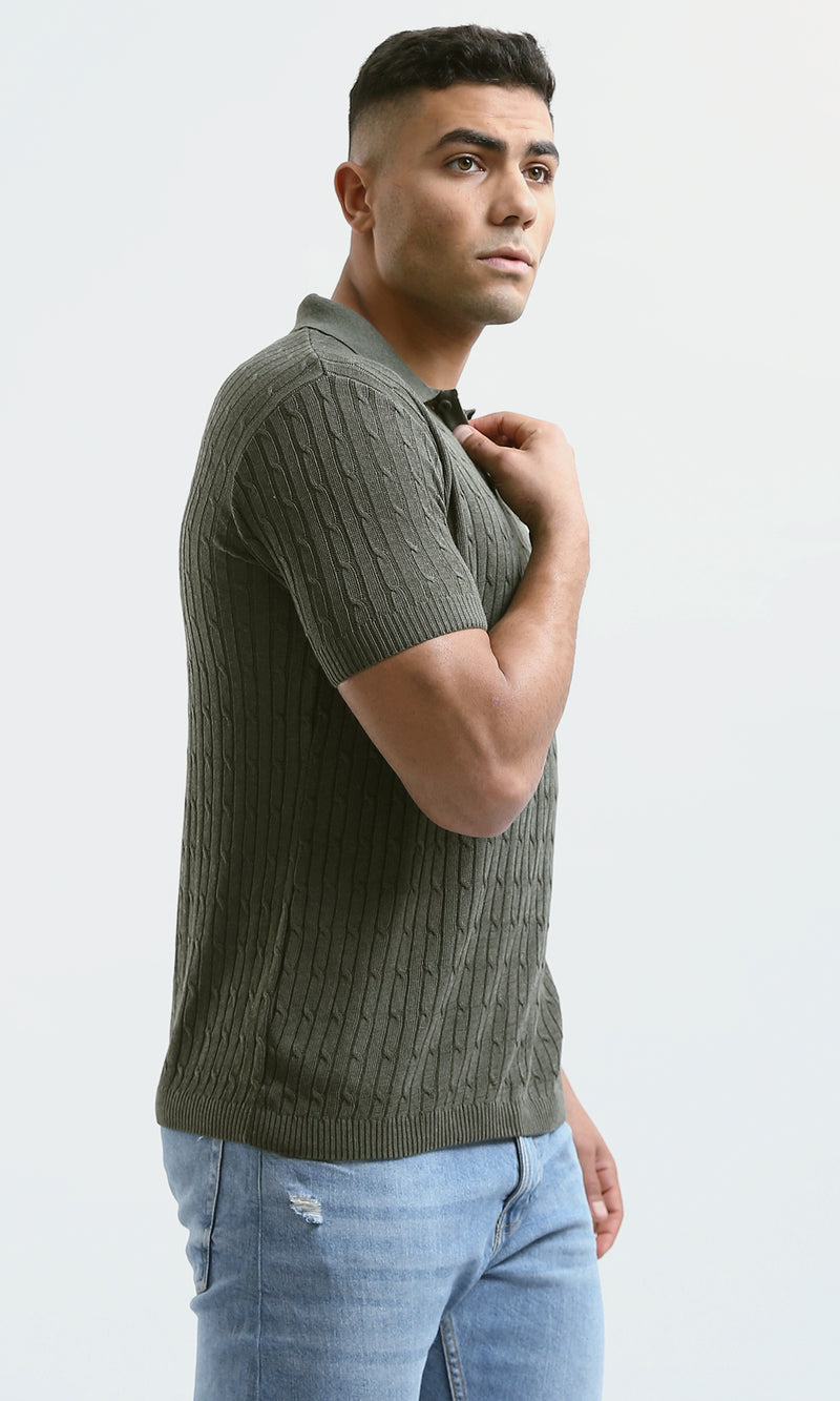 O183064 Self-Pattern Short Sleeves Dark Olive Polo Shirt