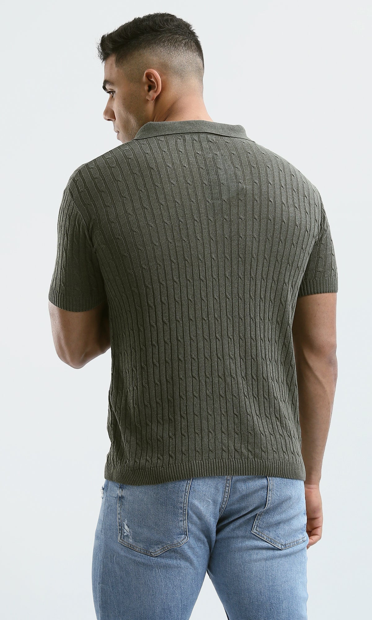 O183064 Self-Pattern Short Sleeves Dark Olive Polo Shirt