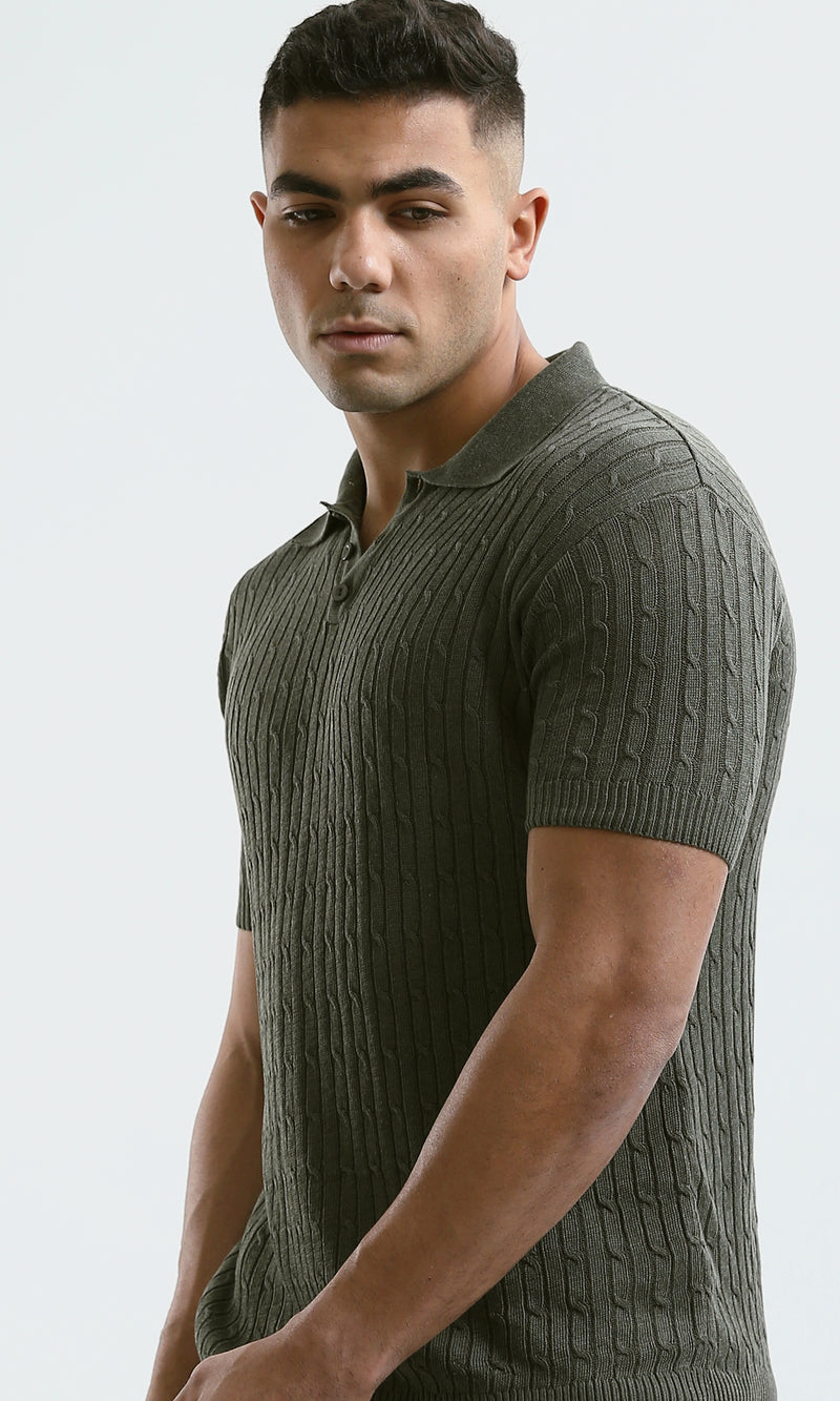 O183064 Self-Pattern Short Sleeves Dark Olive Polo Shirt