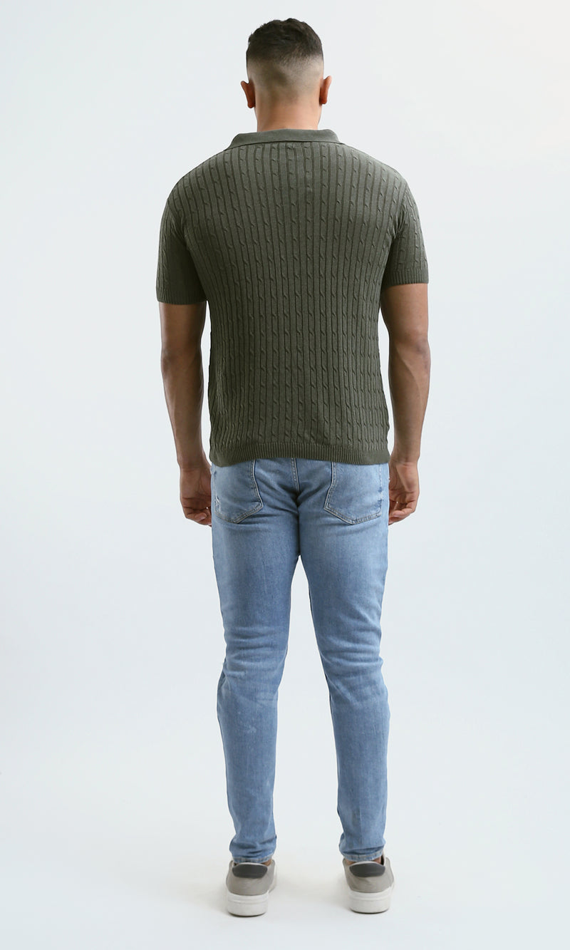 O183064 Self-Pattern Short Sleeves Dark Olive Polo Shirt