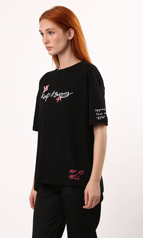 O183066 Printed "Keep It Burning" Elbow-Sleeves Tee - Black