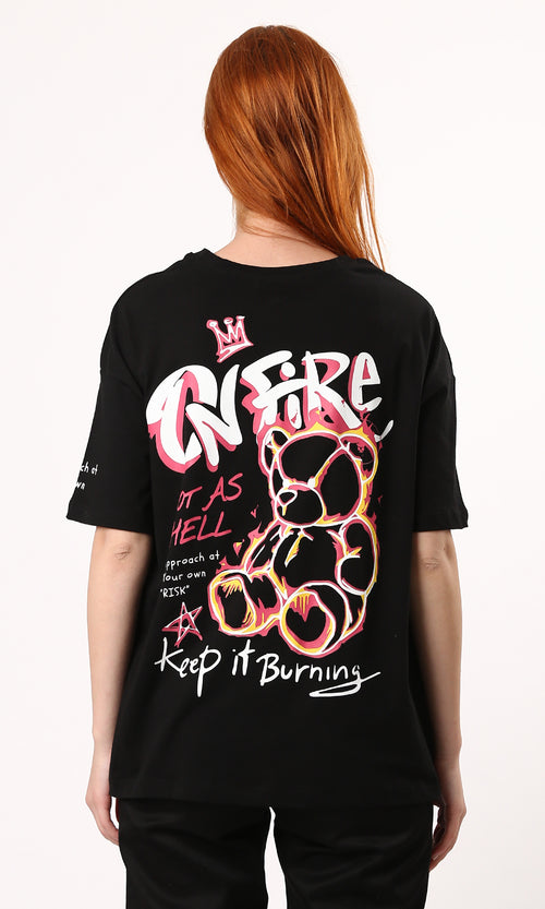 O183066 Printed "Keep It Burning" Elbow-Sleeves Tee - Black